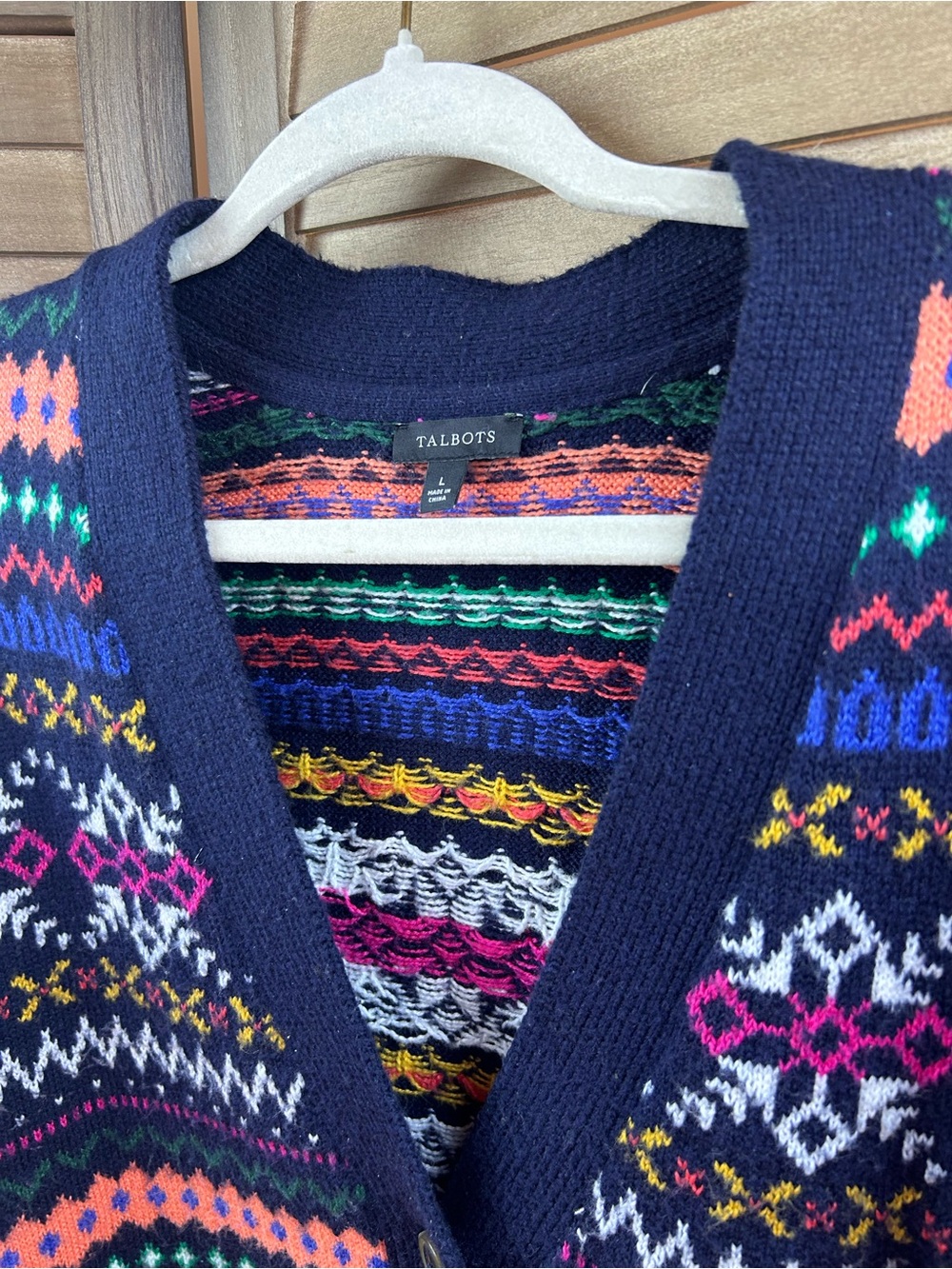 Talbots Fair Isle Cardigan Sweater Large Navy Multicolor Button Front Cozy - Picture 3 of 8